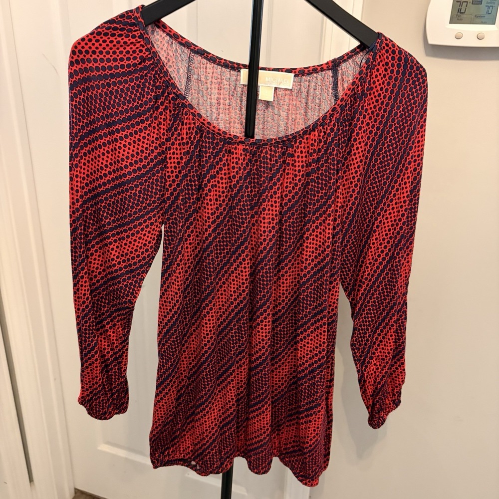 Michael Kors Red Navy Blue Polka Dot Peasant Blouse